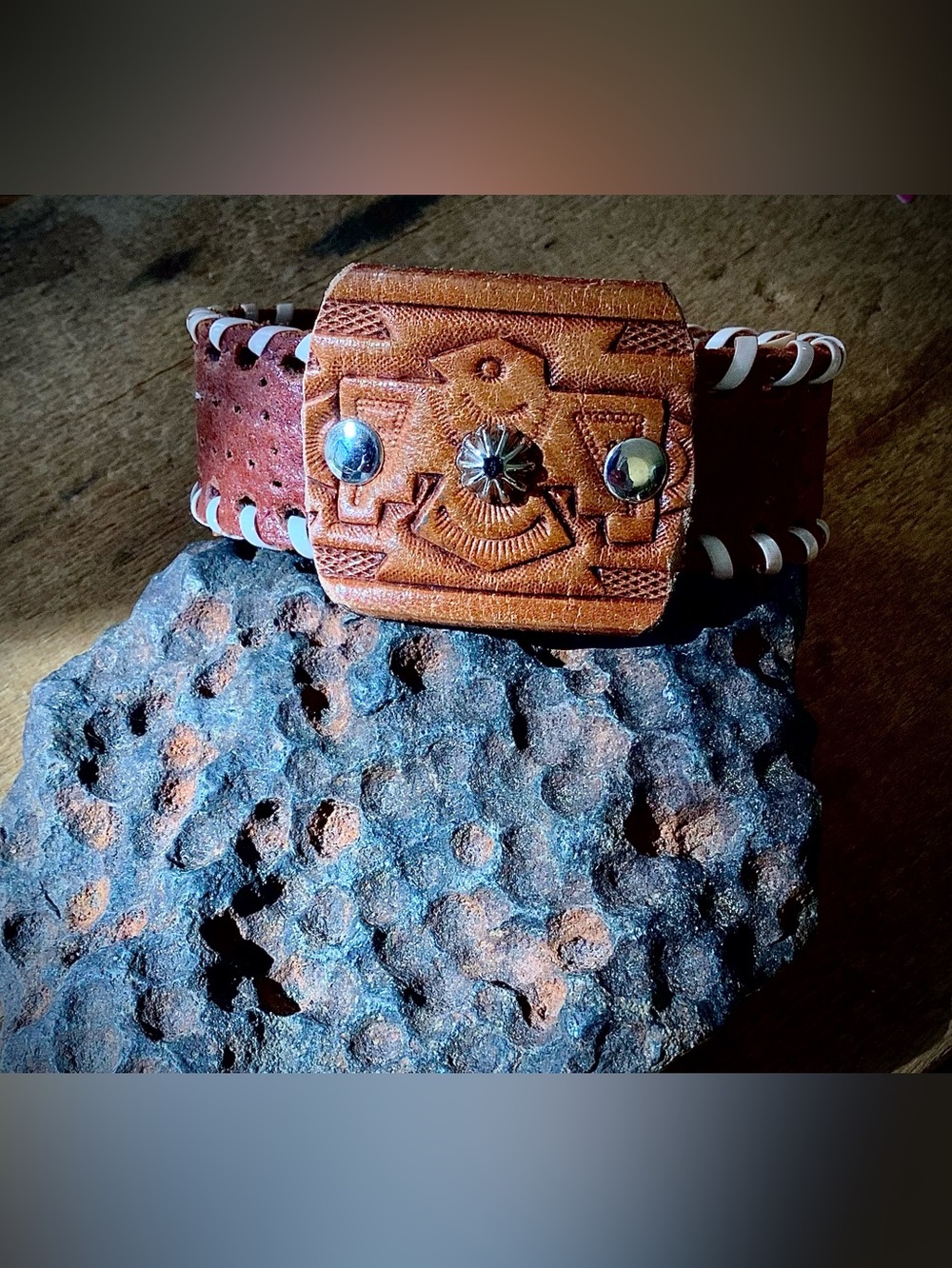 Thunderbird leather bracelet, up to 7 1/2” wrist